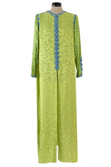 1980s Oscar de la Renta Green Silk Blue Trim Caftan Dress or Evening Coat