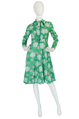 1970s Apple Green Print Washable Jersey Secretary Dress