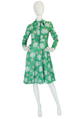 1970s Apple Green Print Washable Jersey Secretary Dress