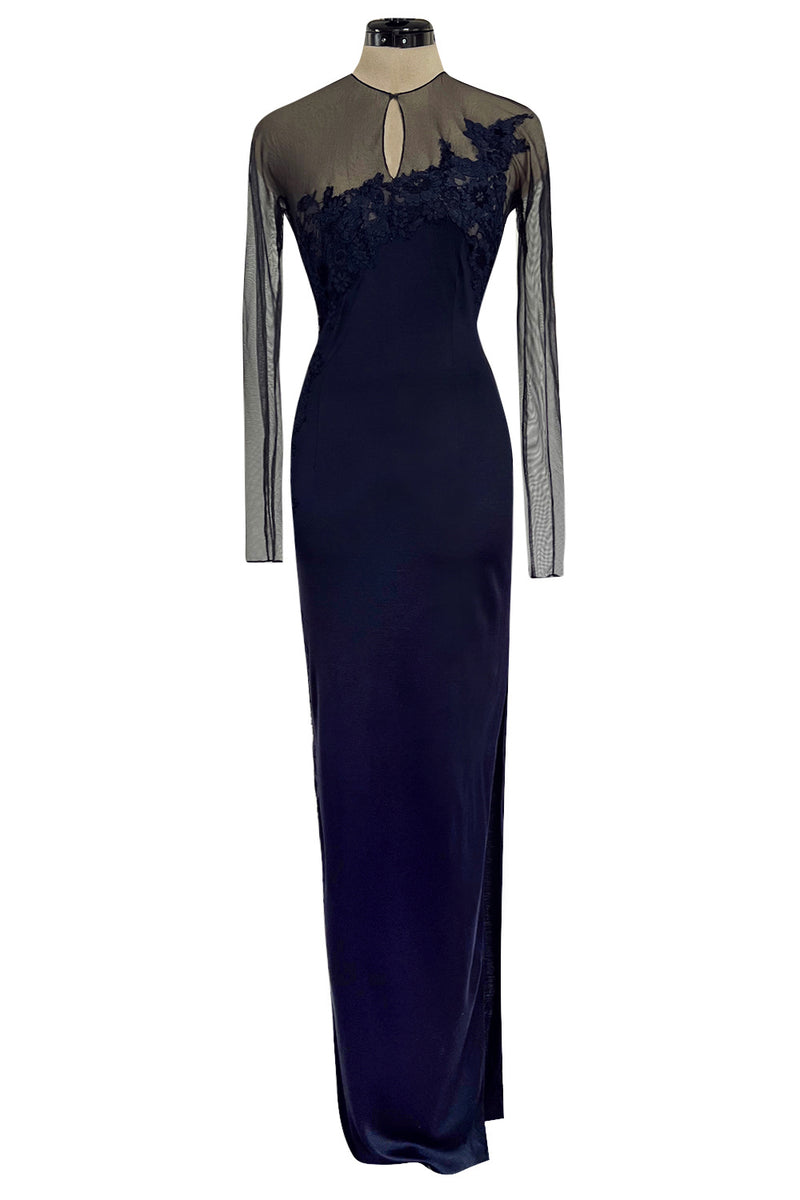 Incredible Early 2000s John Anthony Couture Blue Silk Jersey Dress w See Through Lace  Side & Bodice
