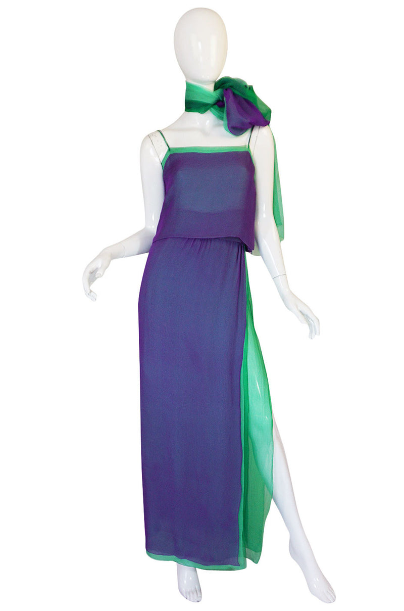1970s Pauline Trigere Purple & Green Silk Chiffon Set