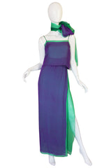 1970s Pauline Trigere Purple & Green Silk Chiffon Set