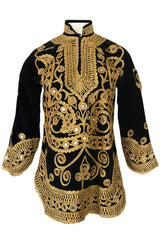 1960s Hand Applied Gold Cord & Mirrors on Black Velvet Tunic Top