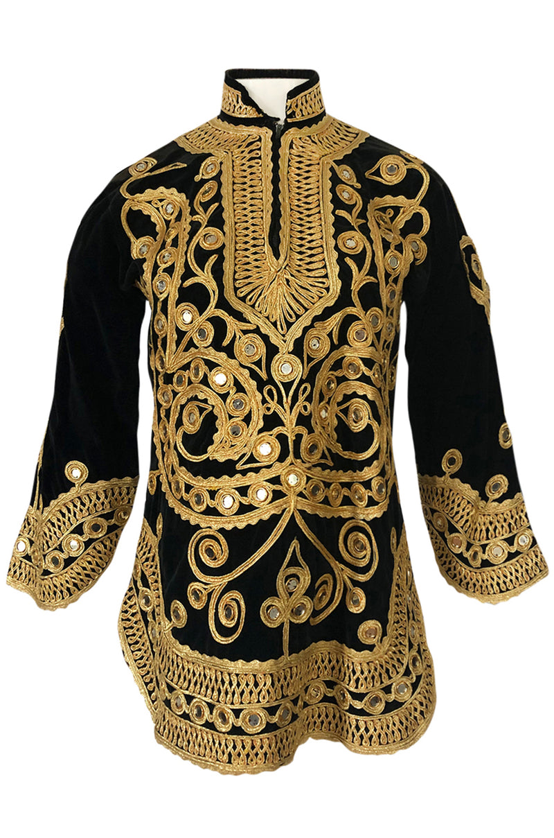 1960s Hand Applied Gold Cord & Mirrors on Black Velvet Tunic Top