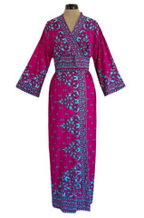 1970s Maurice Bright Fuchsia Pink & Brilliant Turquoise Print Jersey Dress