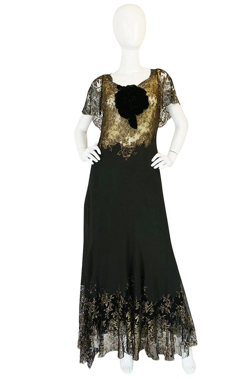 Amazing 1920s Couture Level Gold Metal Lace & Silk Dress