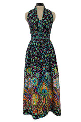 Prettiest Early 1970s Oscar de la Renta Floral Printed Halter Dress w Crossed Strap Open Back