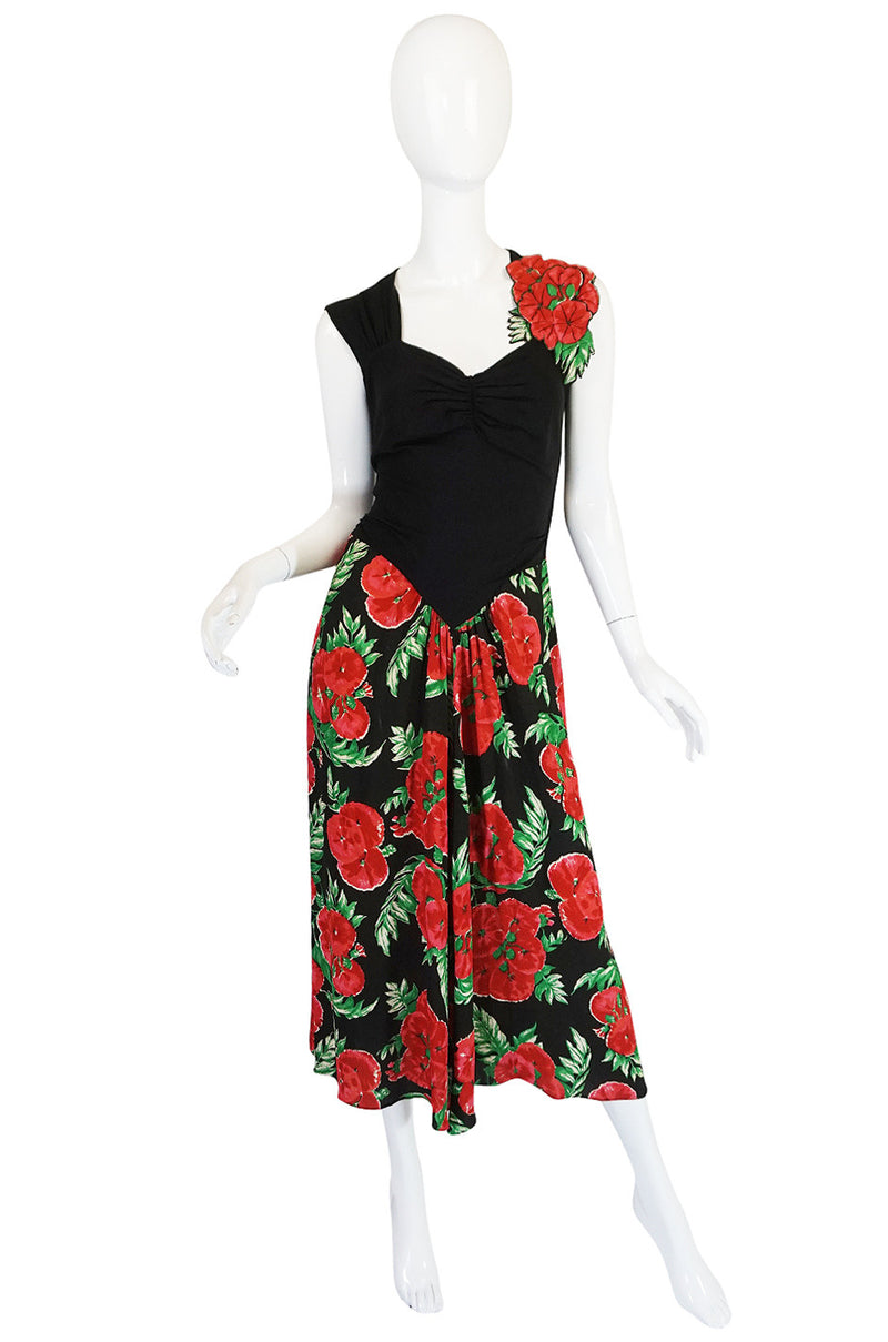 1940s Silk Crepe Padded Roses Floral Swing Dress