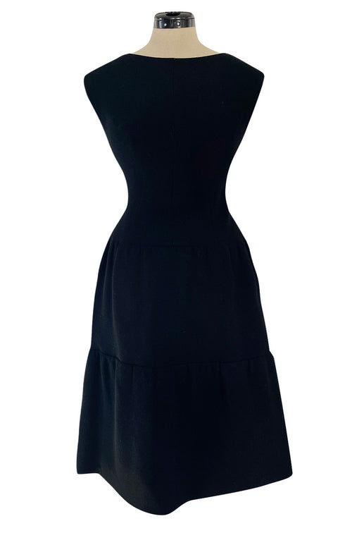 Outstanding 1960s Norman Norell Black Wool Crepe Dress w Full Tiered Skirting