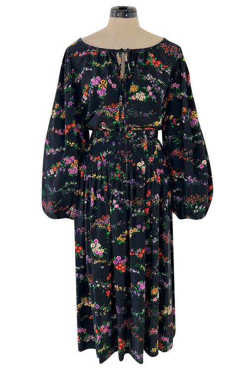 Gorgeous 1970s Yves Saint Laurent Floral Print Silk Skirt & Balloon Sleeve Top Set