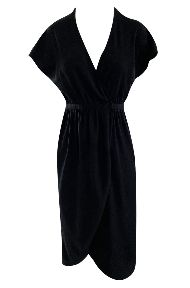Classic 1970s Halston Soft Black Wool Jersey Front Wrap Dress w Plungi Shrimpton Couture Classic 1970s Halston Soft Black Wool Jersey Front Wrap Dress w Plungi Shrimpton Couture