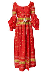 Spring 1971 Oscar de la Renta Red Printed Dress w Pouf Sleeves & Original Belt