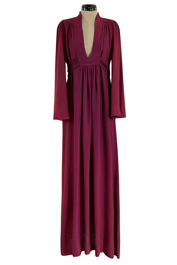 1970 Ossie Clark 'Graduation' Front Plunge Dress in a Burgundy Moss Crepe
