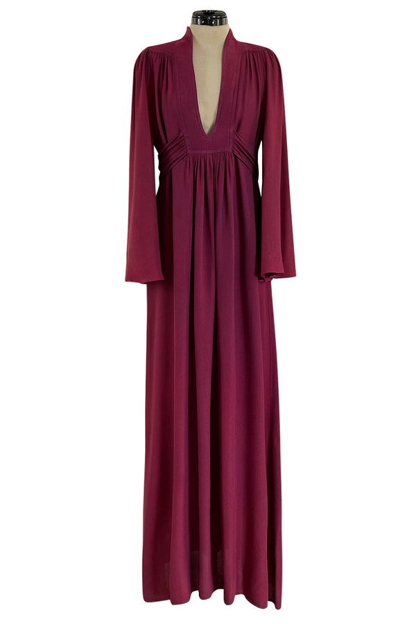 1970 Ossie Clark 'Graduation' Front Plunge Dress in a Burgundy Moss Crepe