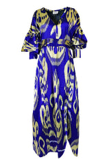 Recent Zazi Vintage Silk Ikat "Madhu" Bliue & Gold Caftan Dress