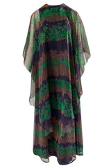 1970s Jean Varon Printed Green & Deep Blue Tiered Chiffon Caftan Dress