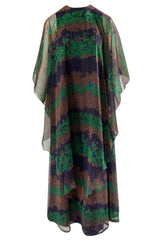 1970s Jean Varon Printed Green & Deep Blue Tiered Chiffon Caftan Dress