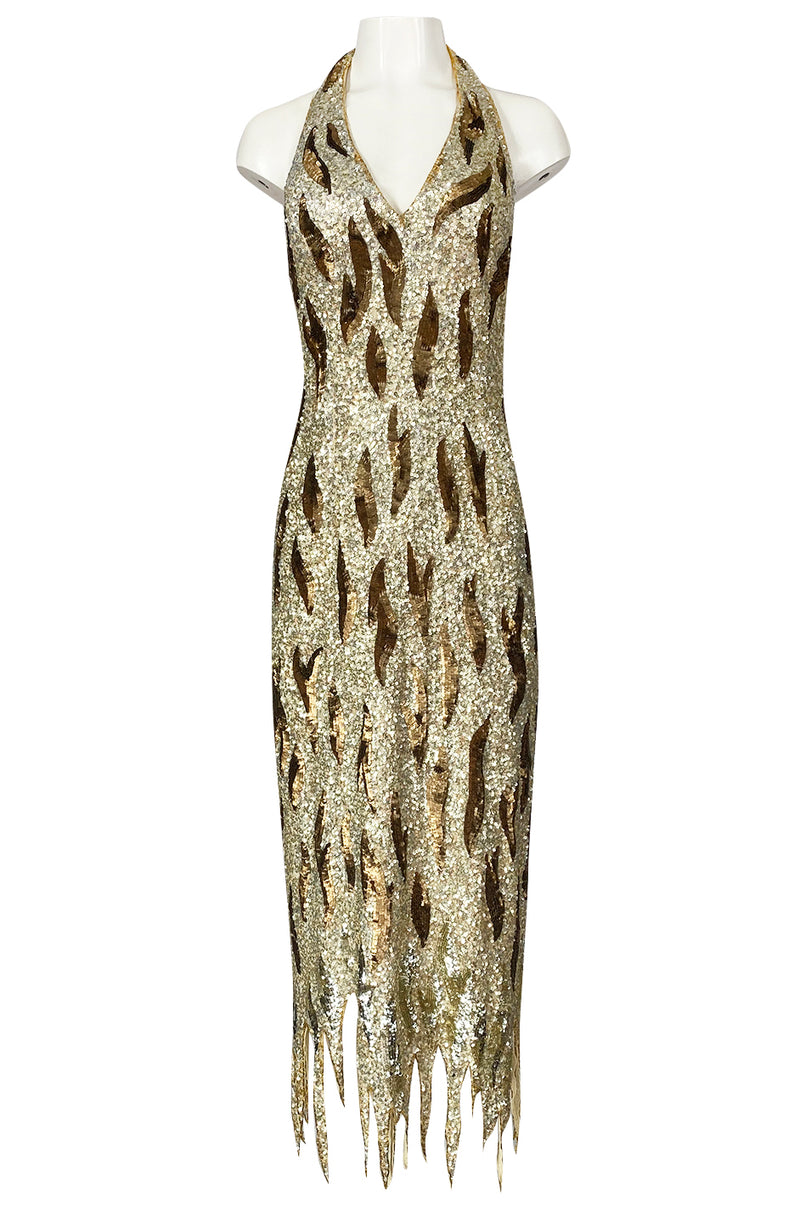 1970s Jean Louis Scherrer Gold & Copper Densely Sequinned Flame Dress