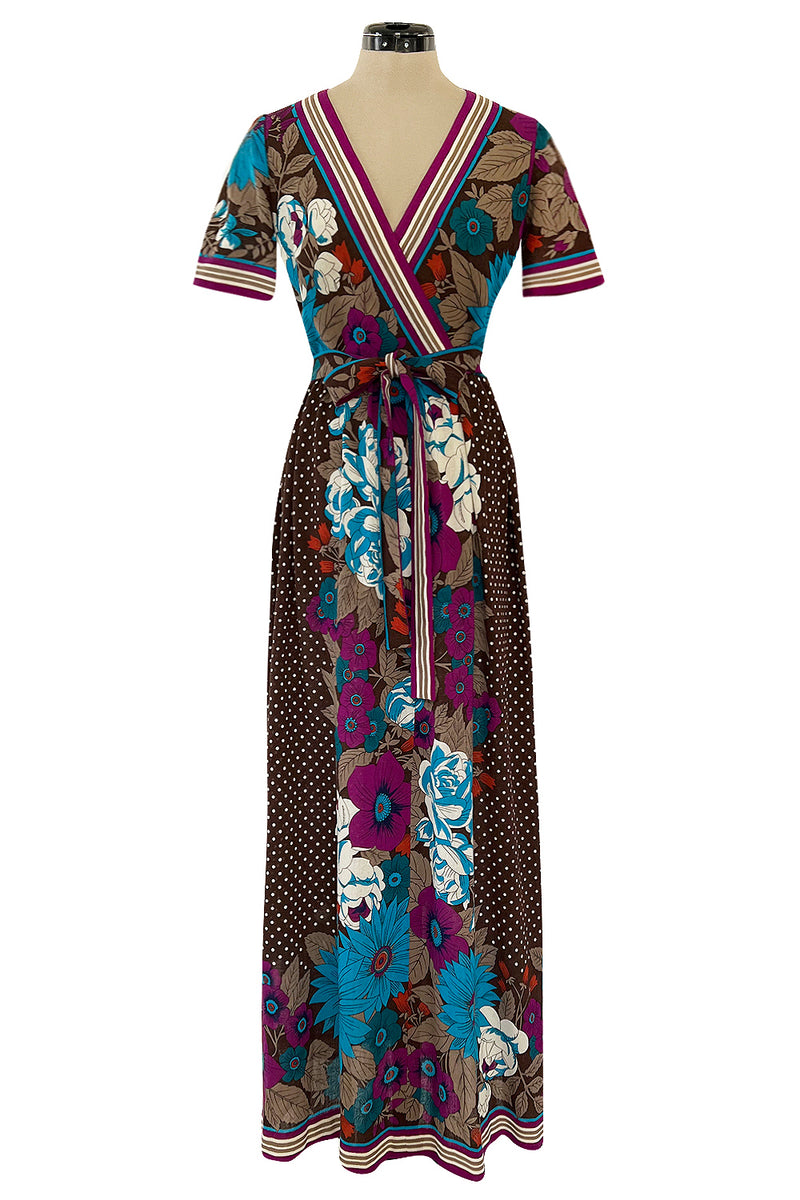 1972 - 1975 Lanvin by Jules-Francois Crahay Purple Brown & Blue Printed Floral Dress