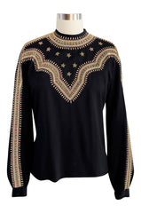 Stunning 1940s Black Silk Crepe Top w Extensive Hand Embroidered Neckline & Sleeves