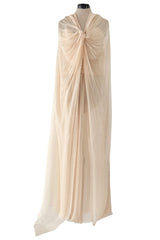 Incredible Spring 1985 Chanel by Karl Lagerfeld Pale Nude Silk Chiffon Dress w Attached Cape