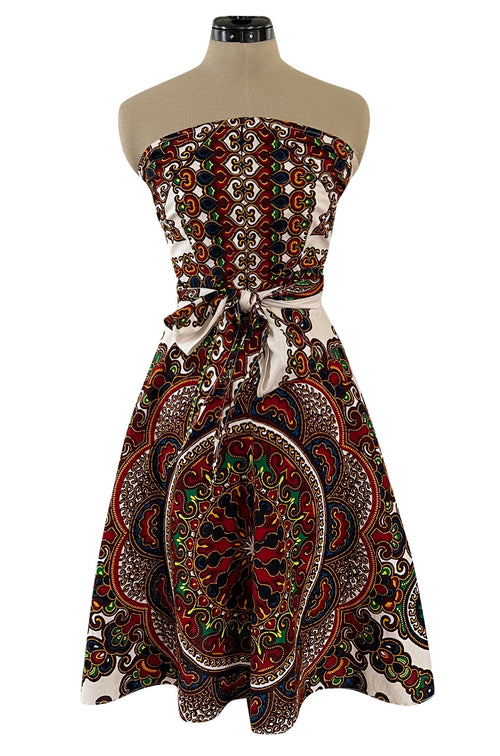 Fantastic 1970s Strapless Extended Multi Tie Bohemian Cotton Batik Print Dress