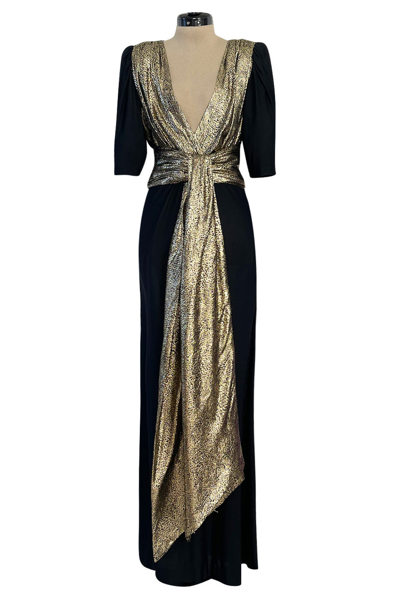 Spring 1986 Yves Saint Laurent Black Crepe & Jersey Dress w Gold