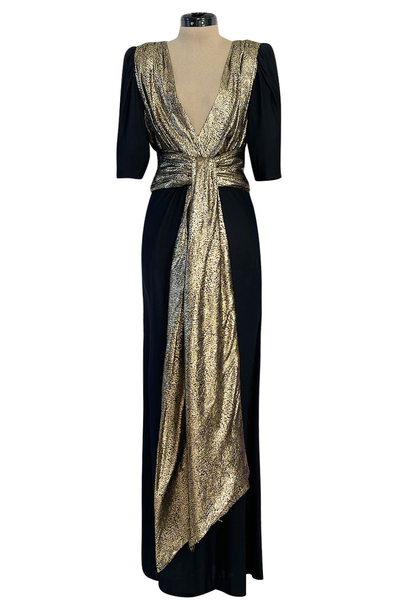 Spring 1986 Yves Saint Laurent Black Crepe & Jersey Dress w Gold Lame Shrimpton Couture Spring 1986 Yves Saint Laurent Black Crepe & Jersey Dress w Gold Lame Shrimpton Couture