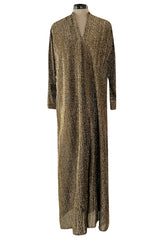 Classic 1970s Halston Metallic Gold Lame Lurex Full Length Caftan Dress w Notched Neckline