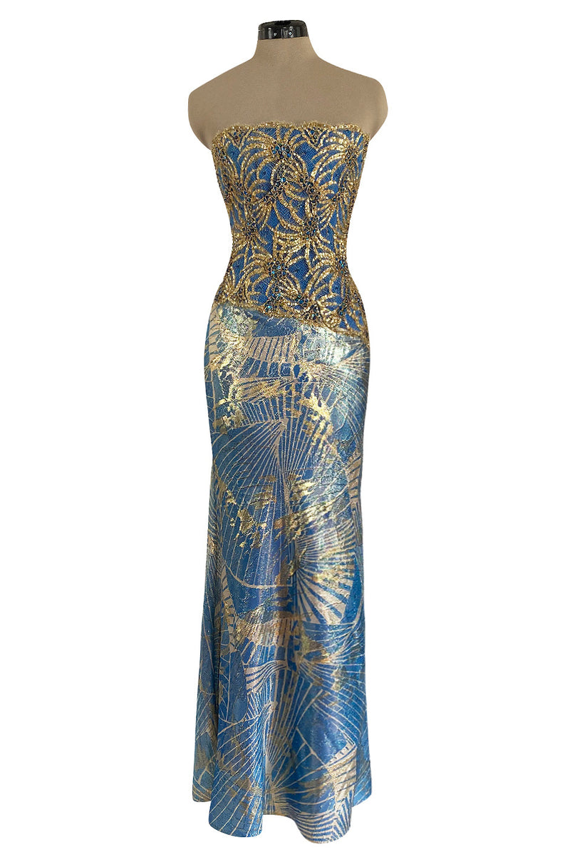 1980s James Galanos Gold Lame Blue Dress w Heavily Sequinned & Jewelled Strapless Bodice