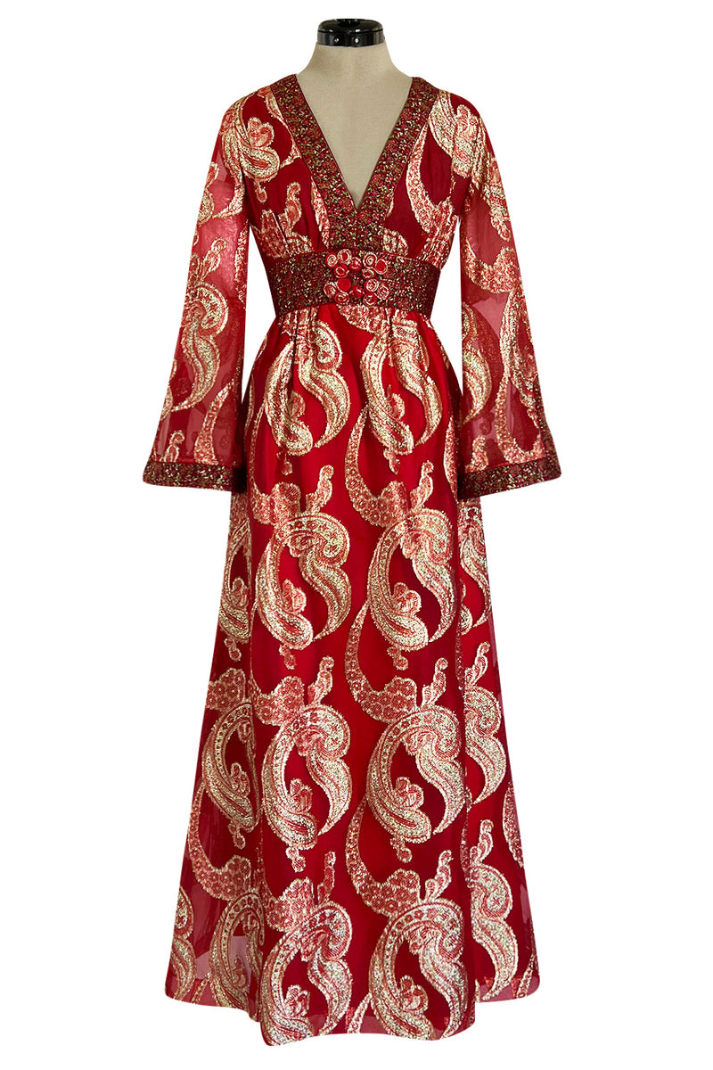 Spectacular 1970s Bill Blass Red Organza & Gold Metallic Applique Dress