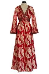 Spectacular 1970s Bill Blass Red Organza & Gold Metallic Applique Dress