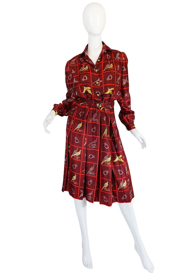 1970s Rare Gucci Silk "Pheasant" Print Shirt & Skirt Set