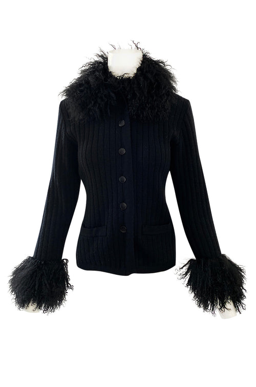 c. 1973 Yves Saint Laurent Black Ribbed Knit Sweater w Mongolian Fur Trimmed Collar & Cuffs