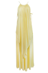 1970s Unlabeled Light Yellow Jersey Layered & Tiered Halter Dress