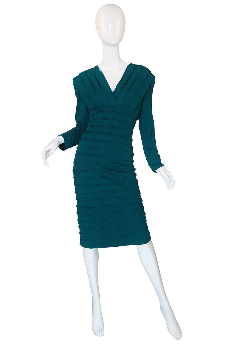 1980s Teal Zandra Rhodes Ribbed Fitted Dress