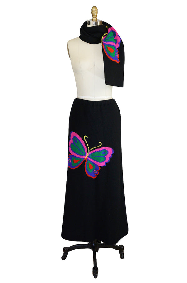 1970s Hanae Mori Knit Butterfly Skirt & Scarf