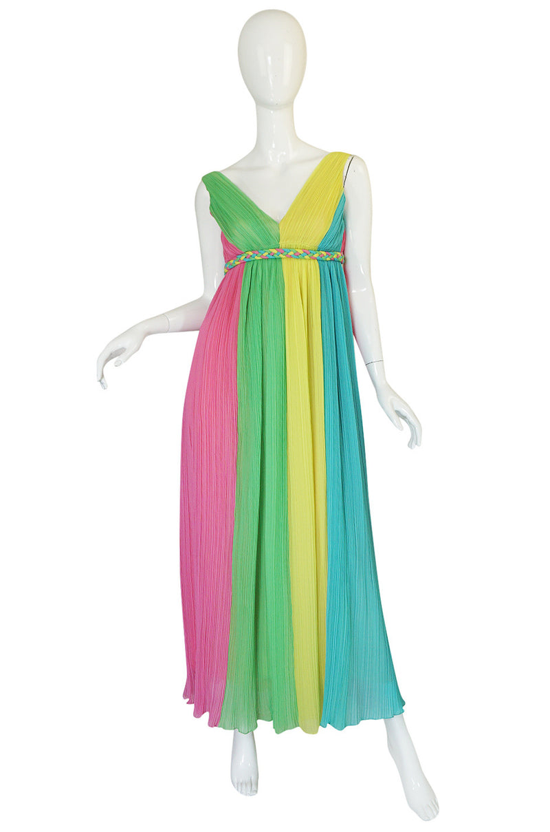 1960s Saks Sarafina Multi Color Pleated Chiffon Dress