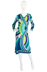 1970s Blue Print Leonard Paris Silk Jersey Dress