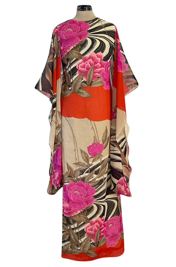 1960s Hanae Mori Couture Long Open Kimono Sleeve Pink Floral Print Cotton Caftan Dress