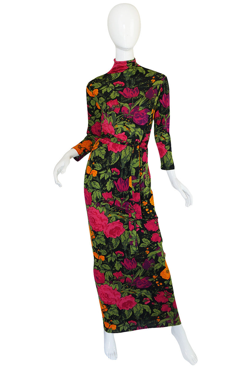 1970s La Mendola Long Silk Jersey Print Dress