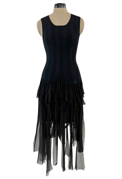Cruise 2002 Chanel by Karl Lagerfel Cashmere Knit Dress w Silk Chiffon Ribbon Skirt