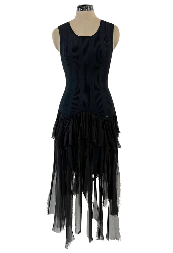 Cruise 2002 Chanel by Karl Lagerfel Cashmere Knit Dress w Silk Chiffon Ribbon Skirt