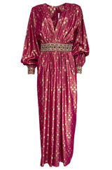 1980s Adele Simpson Pink & Gold Metallic Lame Beaded Dress w Beading