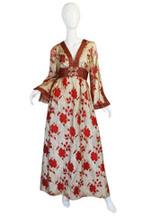 1970s Unlabelled Bill Blass Gold Lame & Red Silk Metallic Dress