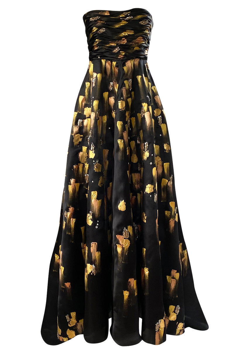 Fall 2008 Oscar De La Renta Strapless Hand Painted Gold & Black Silk Dress Fall 2008 Oscar De La Renta Strapless Hand Painted Gold & Black Silk Dress