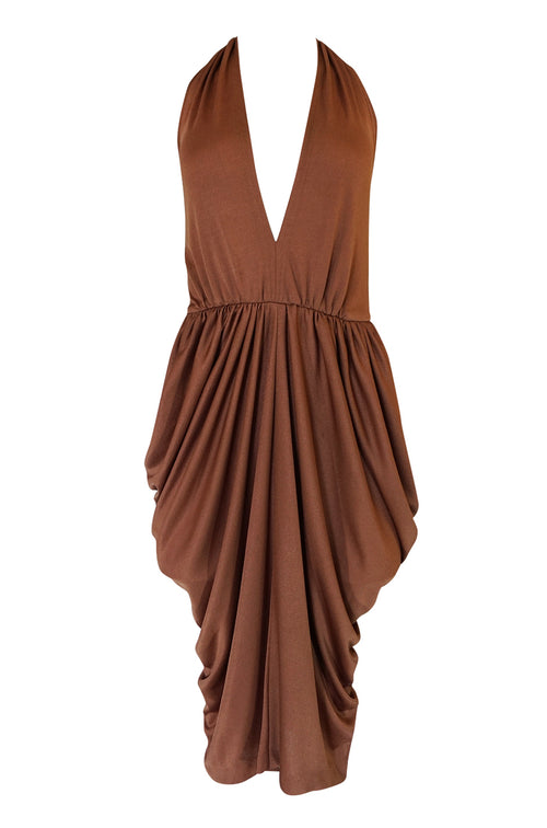 1970s Plunge Front Backless Halter Gathered Sides Jersey Dress