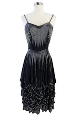 Late 1970s Oleg Cassini Extensively Beaded & Panelled Skirt Black Silk Chiffon Dress