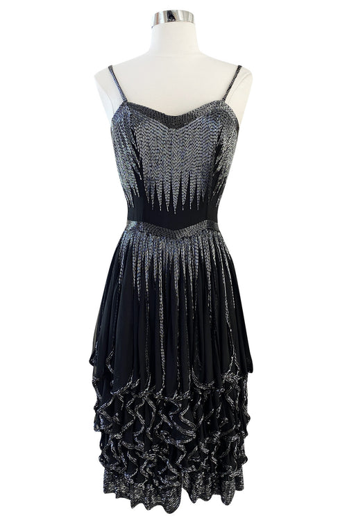 Late 1970s Oleg Cassini Extensively Beaded & Panelled Skirt Black Silk Chiffon Dress