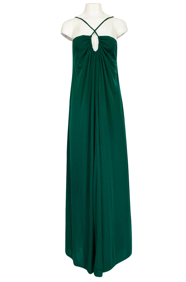 1970s Unlabeled Deep Emerald Green Jersey Halter Neck Dress